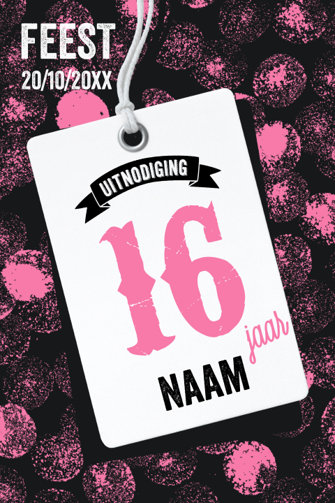Sweet Sixteen uitnodigingskaart roze label
