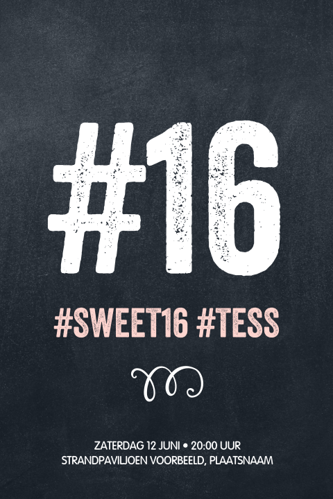 Sweet Sixteen uitnodiging hashtag 16 krijtbord