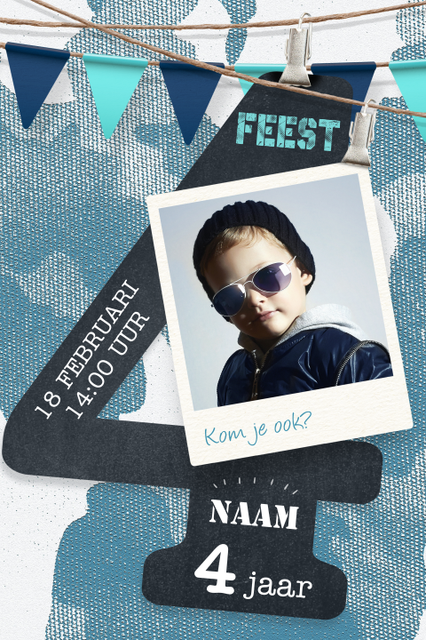 Uitnodiging 4 jaar jongen stoere blauwe camo