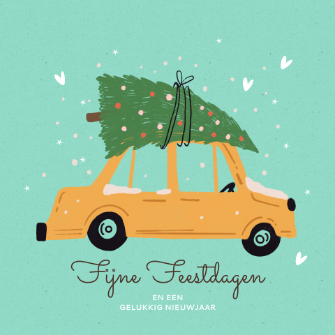 Kerstkaart met kerstboom op een gele auto