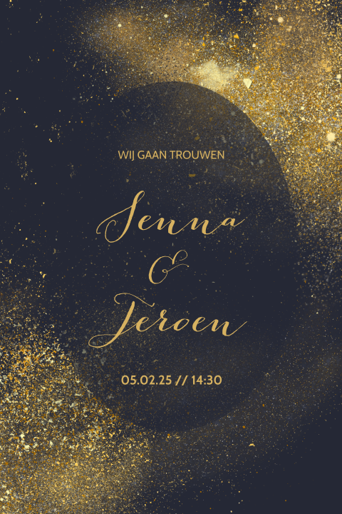 Chique trouwkaart sterrenstof zwart goud stardust