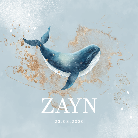 Jongens geboortekaartje met walvis blauw goud elementen