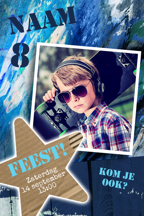 Stoer kinderfeestje uitnodiging jongen blauw foto