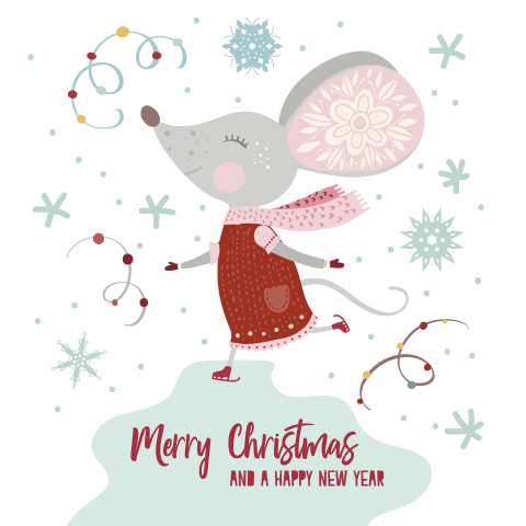 Kerstkaart met leuke illustratie van schaatsend muisje
