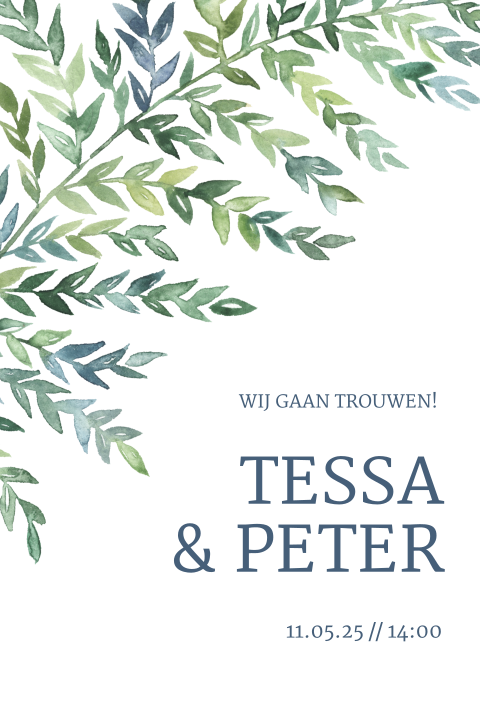 Trouwkaart botanisch groene bladeren takken