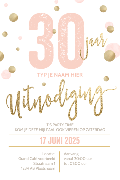 Luxe verjaardagsuitnodiging 30 jaar wit goud roze