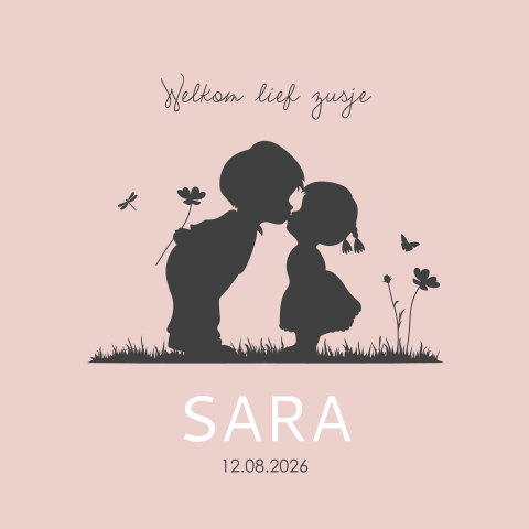 Lief geboortekaartje zusje met haar grote broer in silhouetten