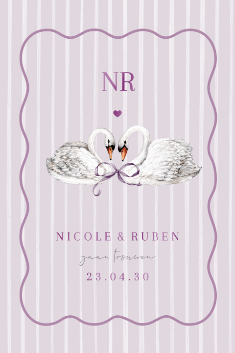 trouwkaart getekende zwaanen strik streepjes lila paars