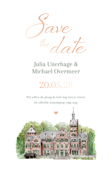 Save the date kaart kalkpapier trouwlocatie rosefolie