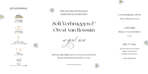 Luikvouw trouwkaart chic met foto en blauwe bloemetjes