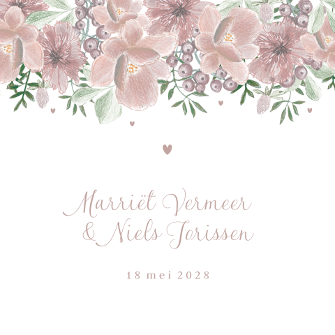 Trouwkaart getekende bloemen blush roze
