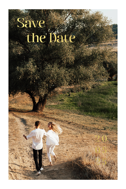 Save the date kaart met foto olijftakje goudfolie