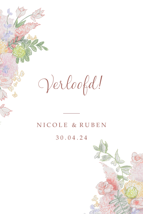 Verlovings kaart pastel bloemen getekend