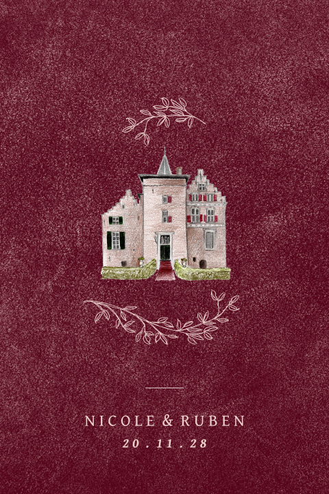 Trouwkaart bordeaux trouwlocatie kasteel wijenburg takjes