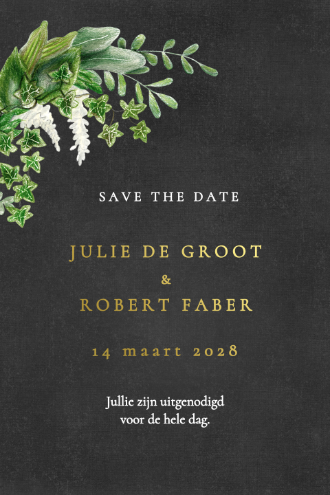 Save the date botanisch modern blaadjes groen goudfolie