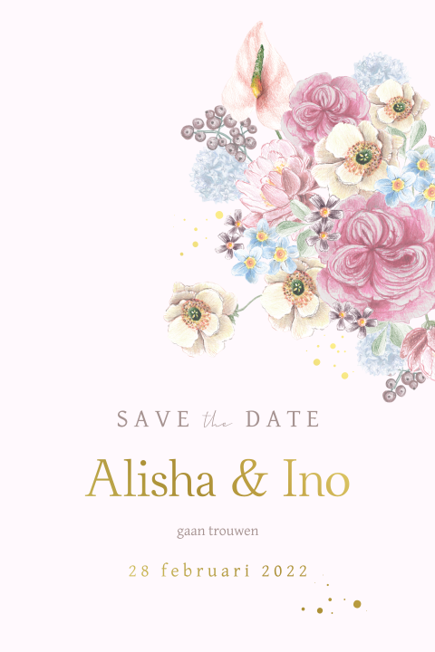 save the date kaart pastel bloemen romantisch goudfolie