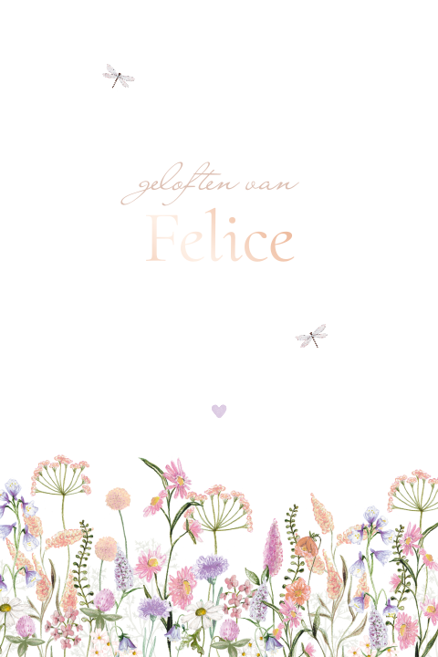 Geloftekaart veldbloemen lila perzik roze rosefolie