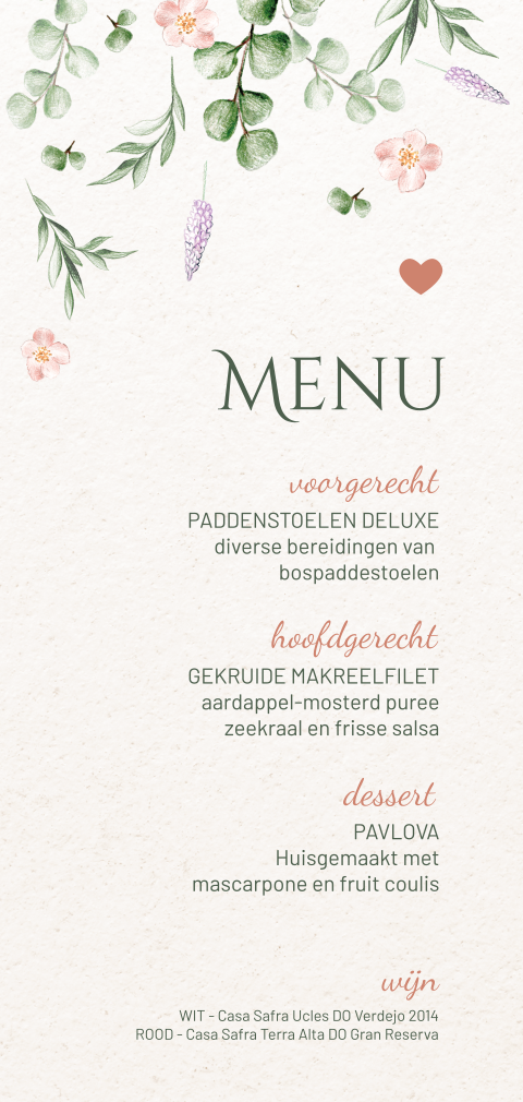 menukaart met pastel bloemen, blaadjes en hartje