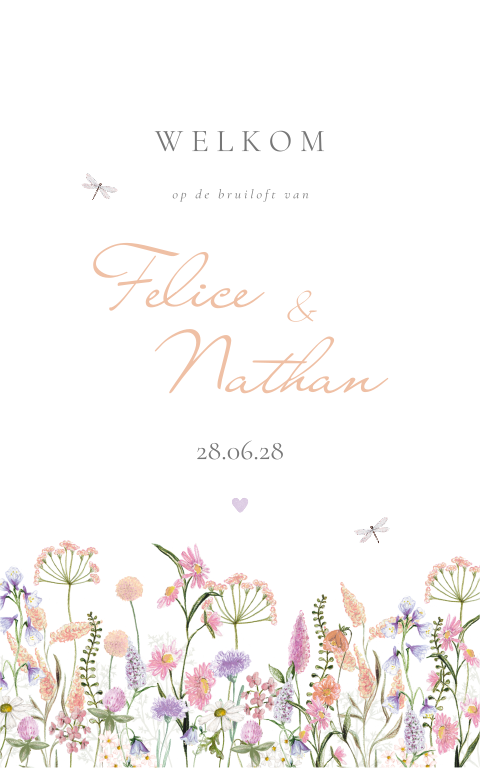 welkomstbord halfrond veldbloemen lila perzik roze