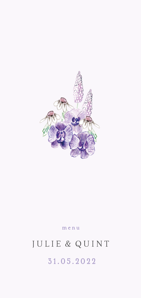 Romantisch menu kaart lila bloemen krans