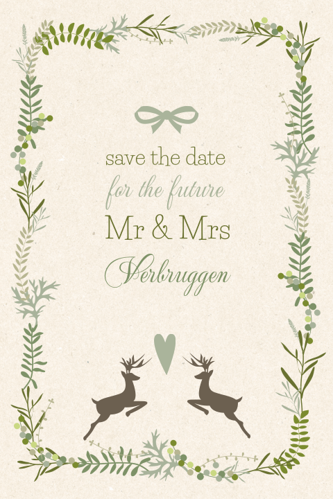 Klassieke save the date met groene achtergrond en takjes