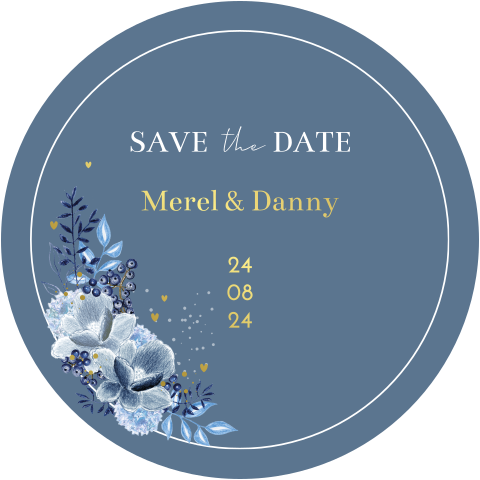 save the date blauw bloemen goud hartje originele vorm rond