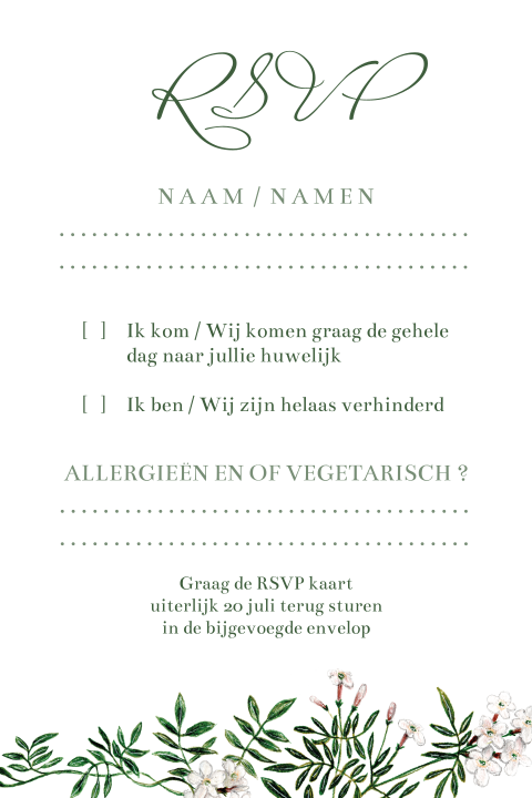 Stijlvolle rsvp kaart met jasmijn bloemen