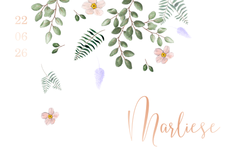 Geboortekaartje meisje blaadjes bloemen rosegoudfolie