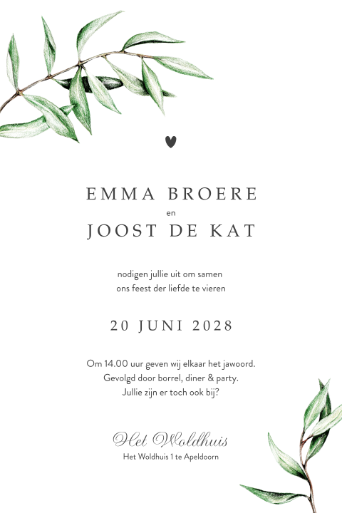 minimalistische trouwkaart groen olijftakje