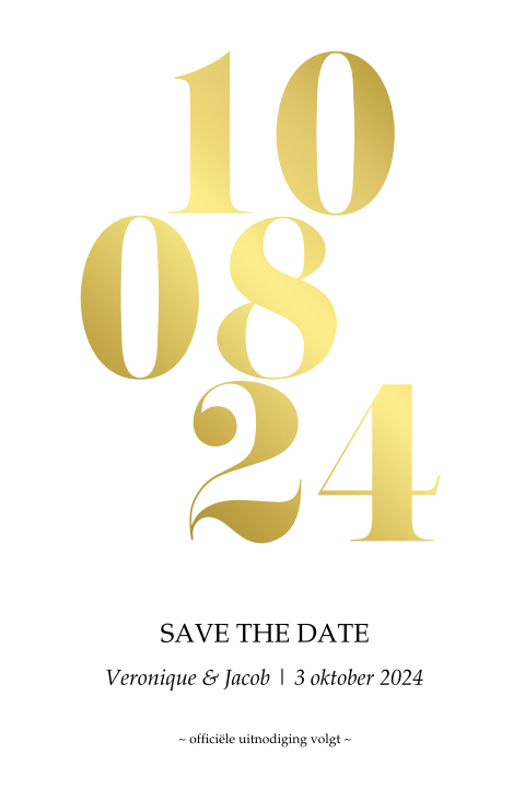 Save the date met strakke lettertypes en goudfolie