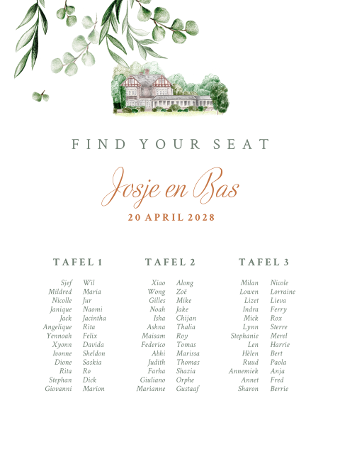 seatingplan trouwlocatie met blaadjes groen