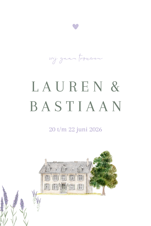 Trouwkaart met trouwlocatie en lavendel provence