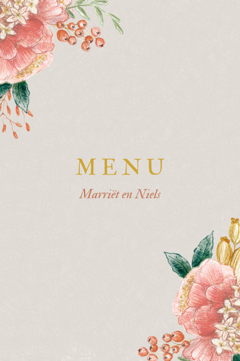 Menukaart klassiek getekend Bloemen beige