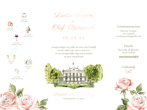 Luikvouw trouwkaart met illustratie van trouwlocatie en zachte rozen