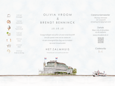 Luikvouw trouwkaart met Rotterdam skyline illustratie