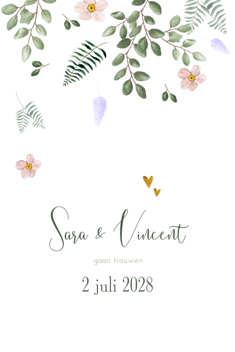 romantische trouwkaart met pastel bloemen en blaadjes