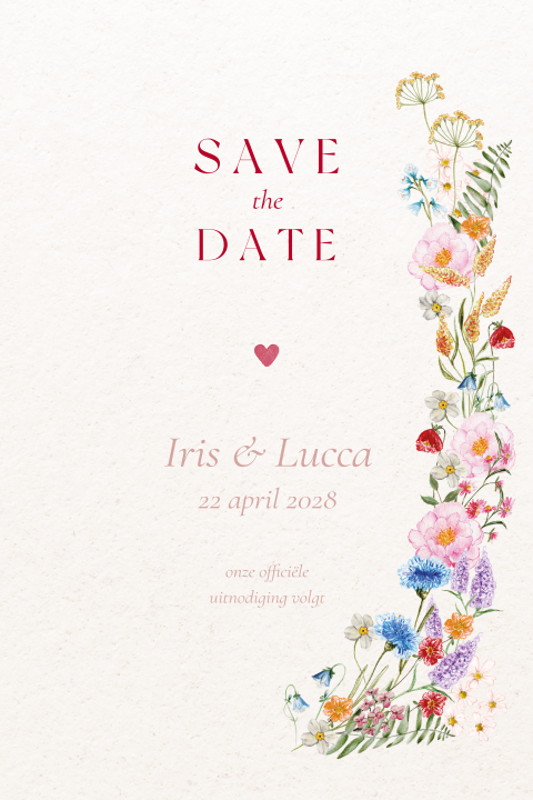 Kleurrijke save the date kaart met bloemenrand rood blauw