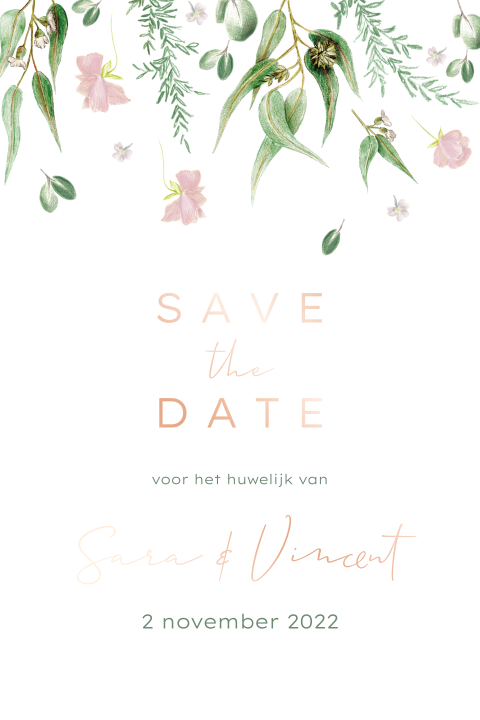 save the date bloemen takjes groen rosefolie