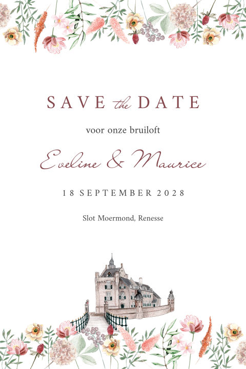 save the date kaart getekend bloemetjes trouwlocatie