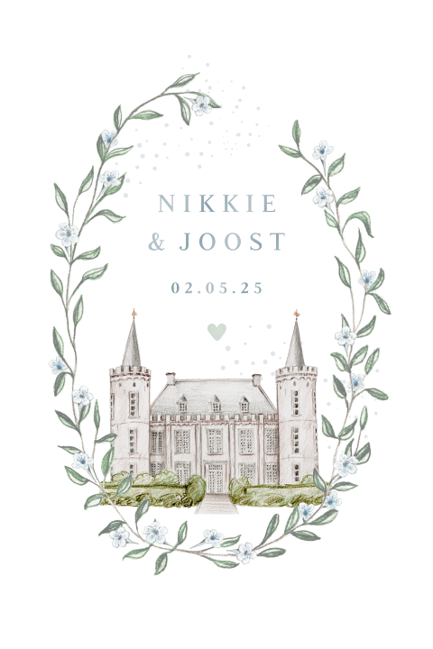 Trouwkaart chique krans getekend kasteel Henkenshage hoogglans