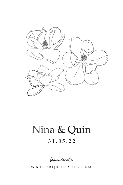 Trouwkaart zwartfolie getekende magnolia bloemen minimalistisch