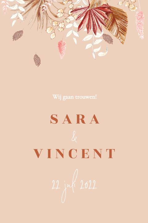 trouwkaart droogbloemen palmblad getekend