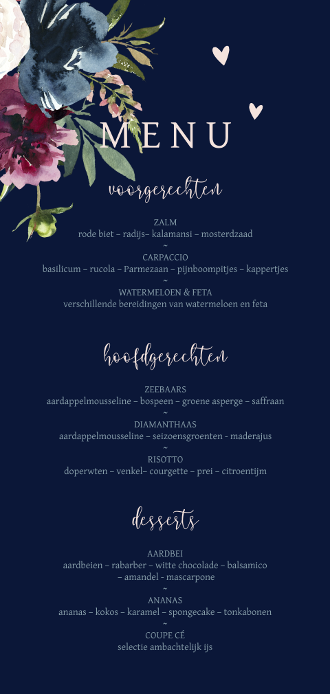 Donkerblauwe menukaart aquarel bloemen
