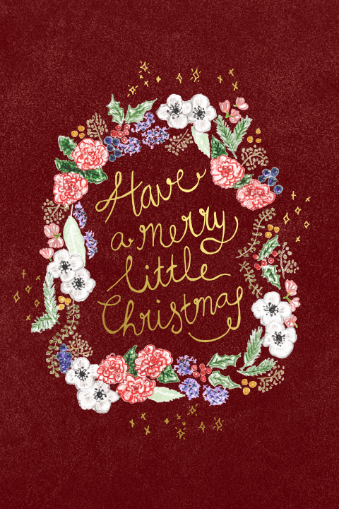 Kerstkaart krans bloemen winter handgetekend