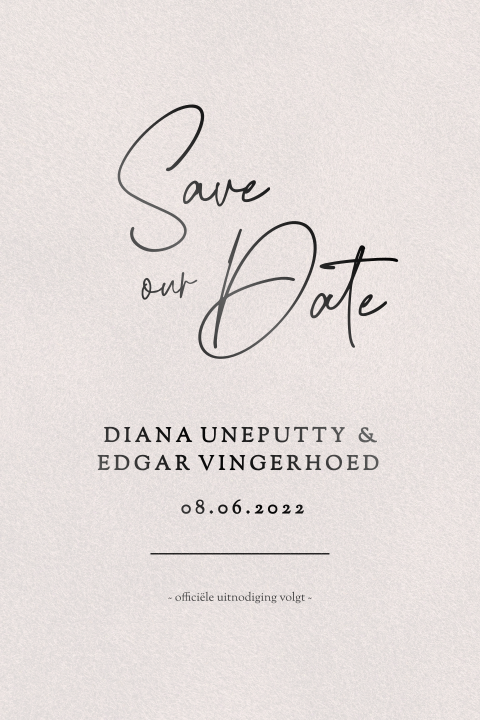 Save the date velvet look met zwartfolie kalligrafie