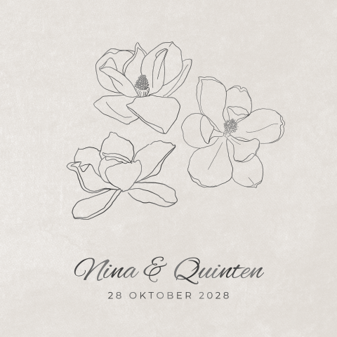 Trouwkaart beige getekende magnolia bloemen zwartfolie