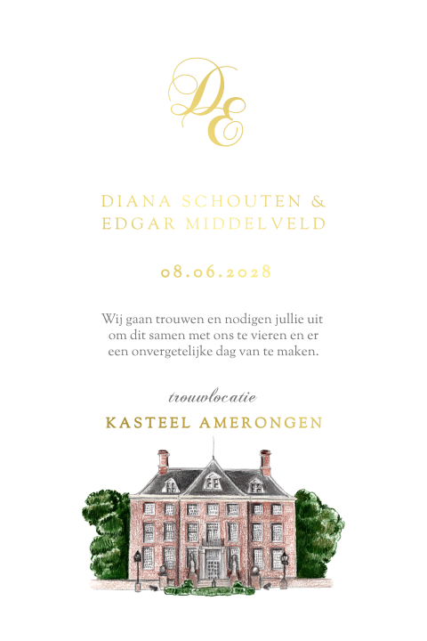 Trouwkaart klassiek logo kasteel amerongen goudfolie trouwlocatie