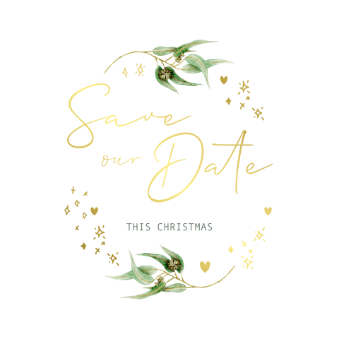 Kerst save the date kaart vierkant eucalyptus hartje goudfolie