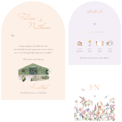 trouwkaart losse kaartjes trouwlocatie veldbloemen lila perzik roze