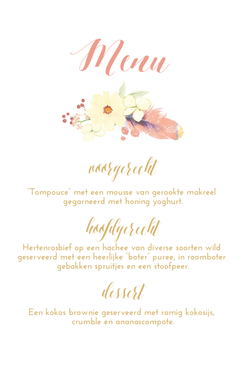 menukaart met boho bloemen en veren